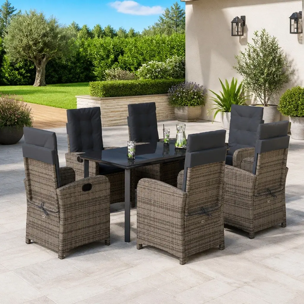 Outdoor Garden Dining Set 7 Piece Grey Poly Rattan Patio Furniture with Cushions