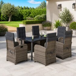 7 Piece Outdoor Dining Set: Grey Rattan & Glass Tabletop