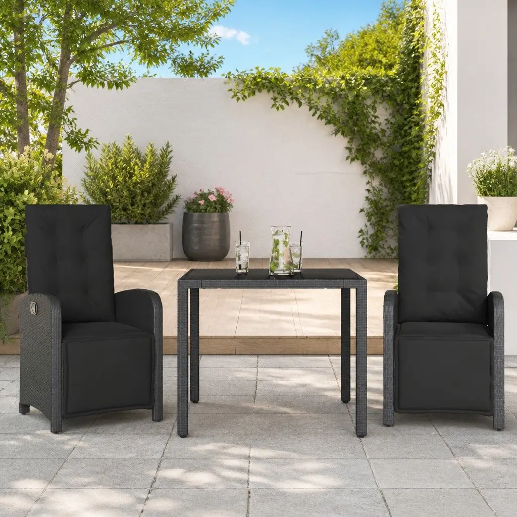 3 Piece Bistro Set for Outdoor Use Black Poly Rattan Adjustable Chairs