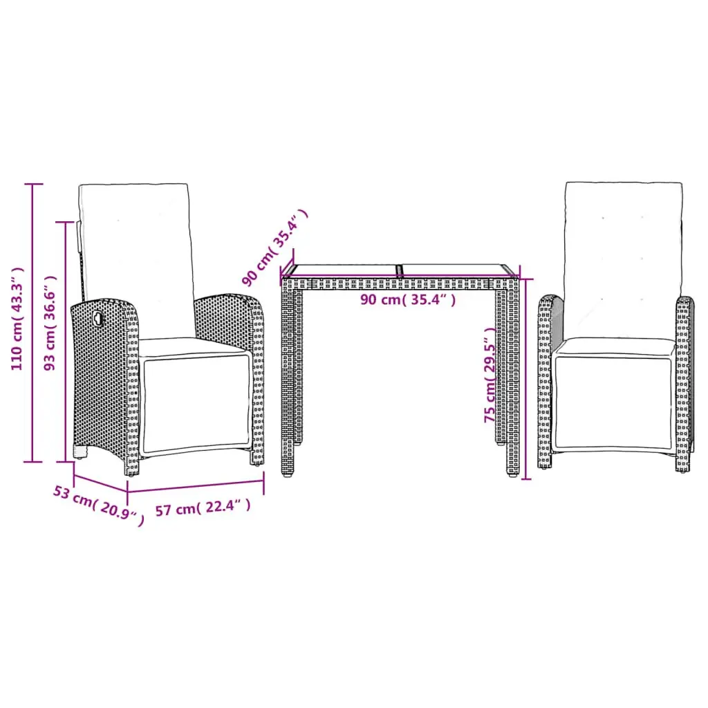 3 Piece Bistro Set for Outdoor Use Black Poly Rattan Adjustable Chairs