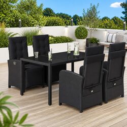 5 Piece Outdoor Garden Dining Set Black Poly Rattan Chairs Table Cushions