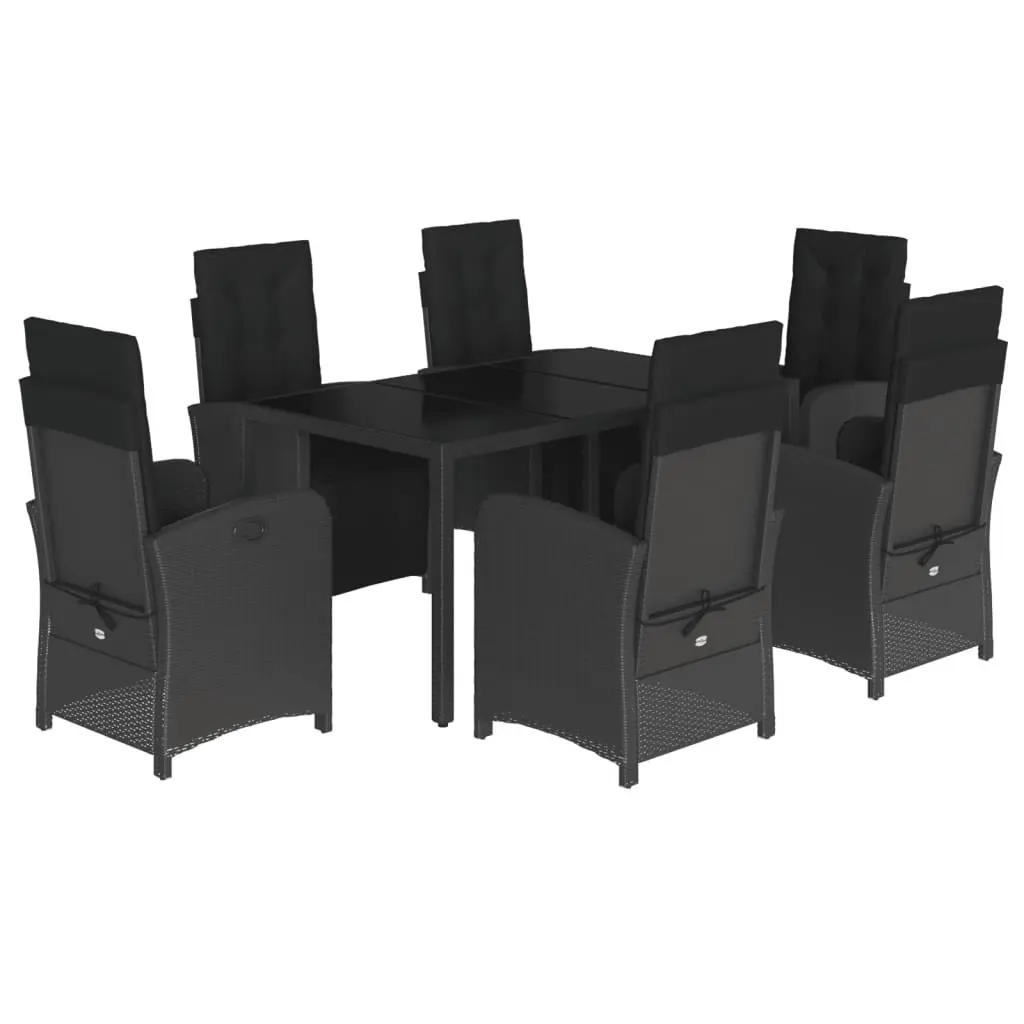 OutdoorDiningSet7PiecePatioFurnitureBlackPolyRattanwithCushionsandTemperedGlassTabletop