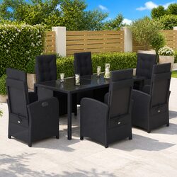7 Piece Outdoor Dining Set: Black Poly Rattan & Glass