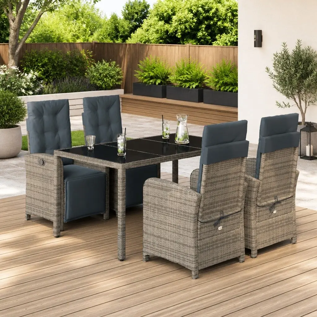 Garden Dining Set 5 Piece Grey Poly Rattan Outdoor Furniture Cushions Glass