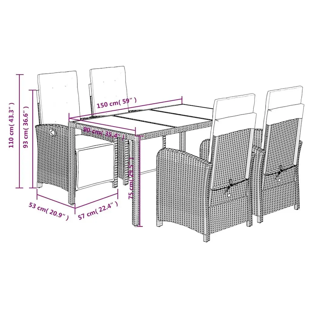 Garden Dining Set 5 Piece Grey Poly Rattan Outdoor Furniture Cushions Glass