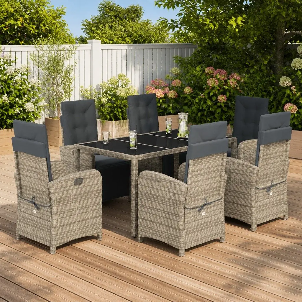 Outdoor Furniture Set 7 Piece Grey Rattan Dining Table Chairs Adjustable Backrest Padded Cushions