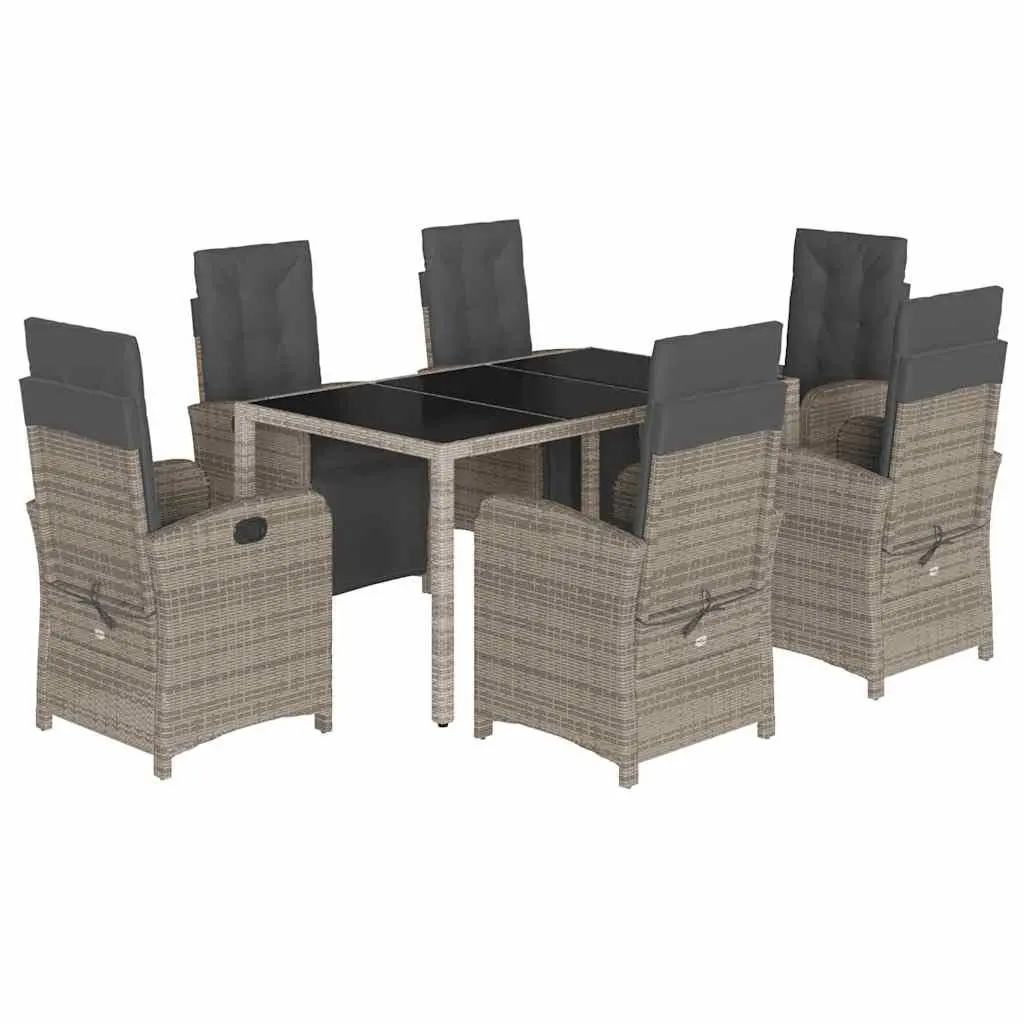 Outdoor Furniture Set 7 Piece Grey Rattan Dining Table Chairs Adjustable Backrest Padded Cushions