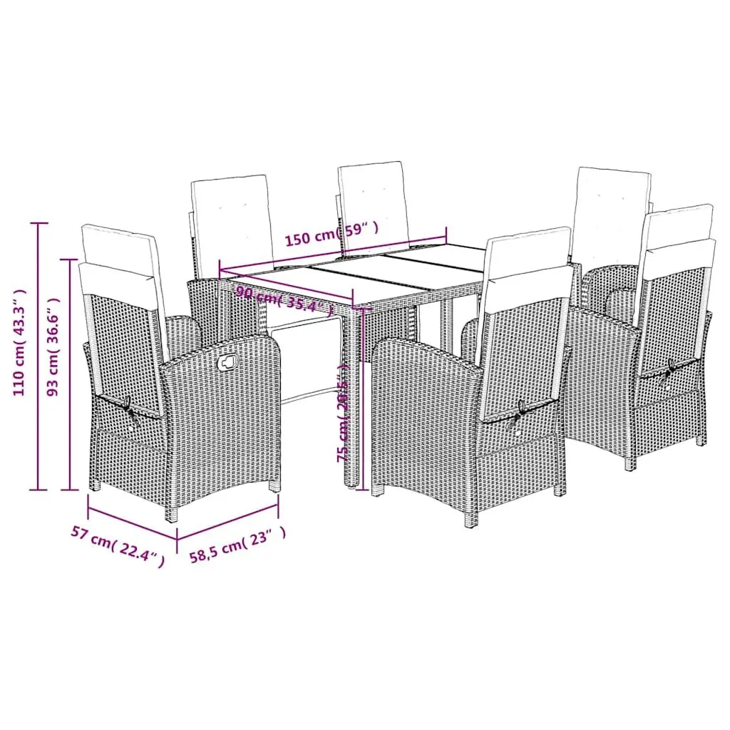 7 Piece Garden Dining Set Outdoor Furniture Grey Poly Rattan Cushioned Chairs and Table