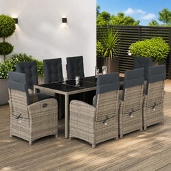 9 Piece Garden Dining Set: Grey Rattan & Glass Table