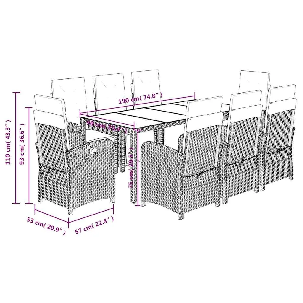9 Piece Outdoor Garden Dining Set Grey Poly Rattan Chairs Table