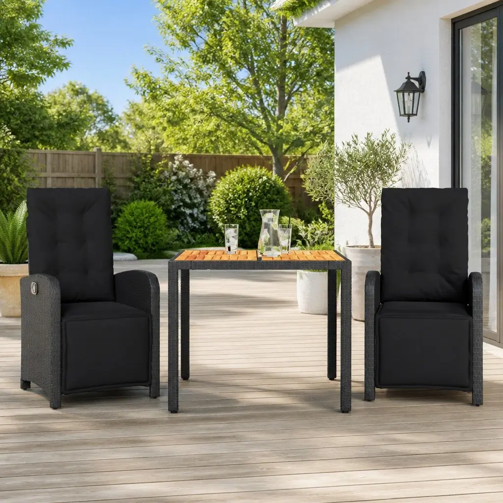3 Piece Bistro Set Garden Outdoor Furniture Black PE Rattan