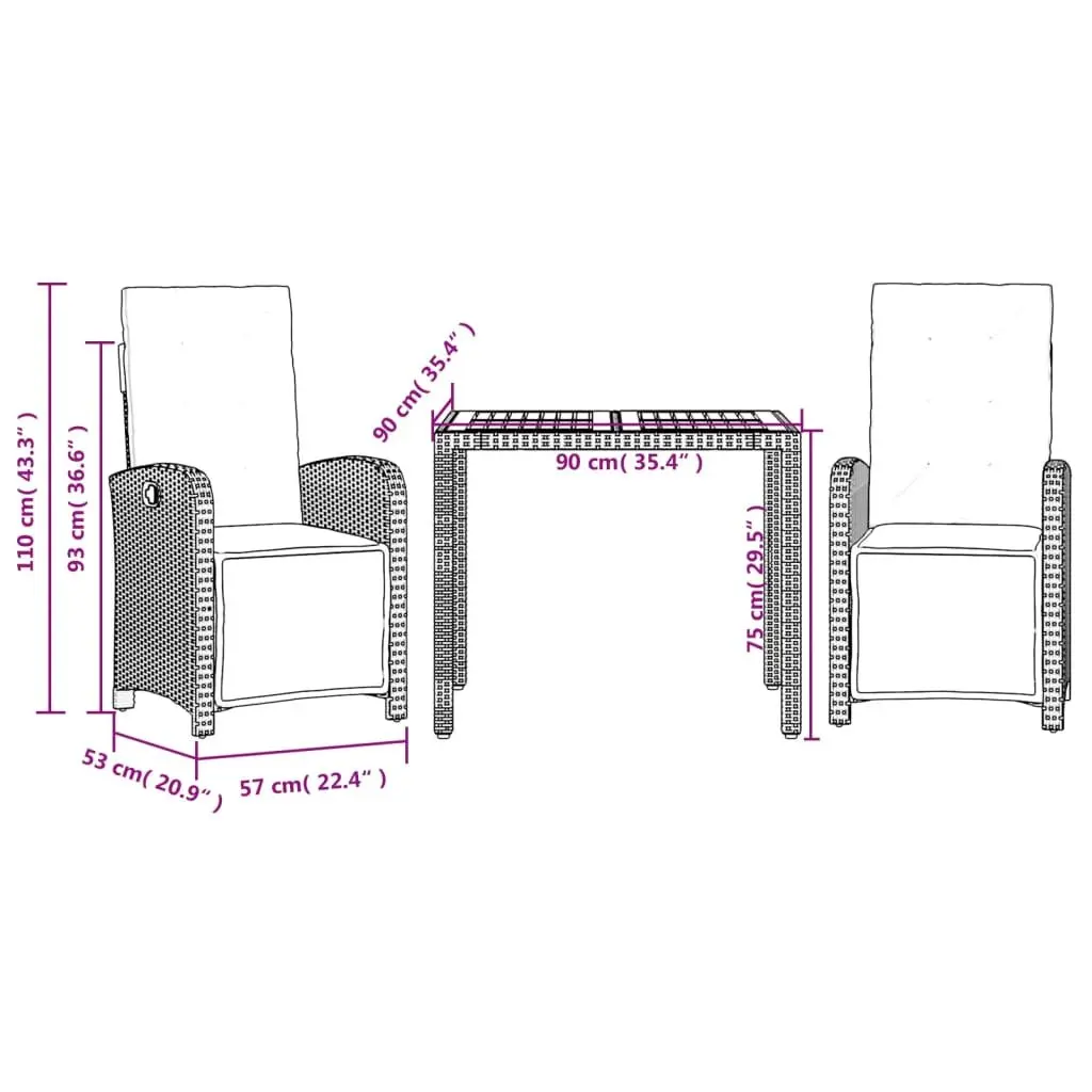 3 Piece Bistro Set Garden Outdoor Furniture Black PE Rattan