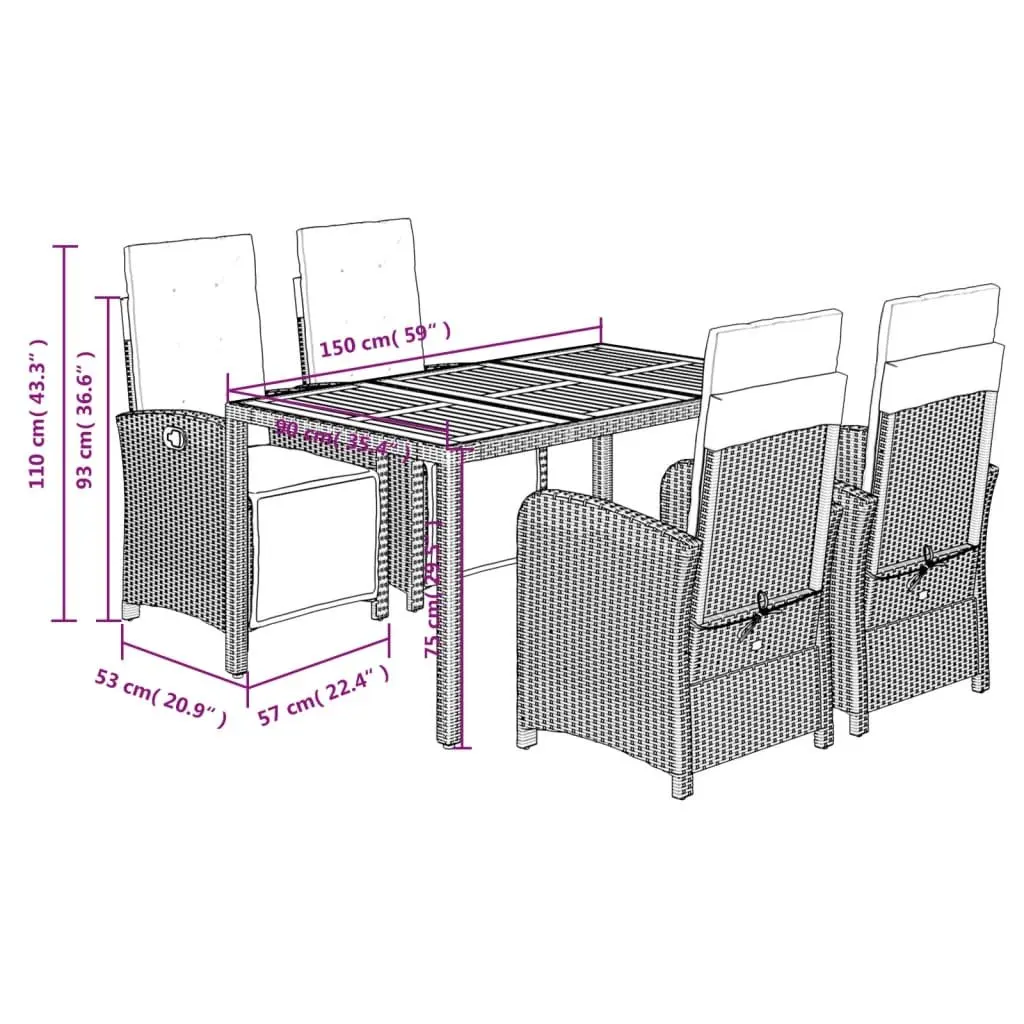 Garden Dining Set 5 Piece Outdoor Furniture with Cushions Black Rattan