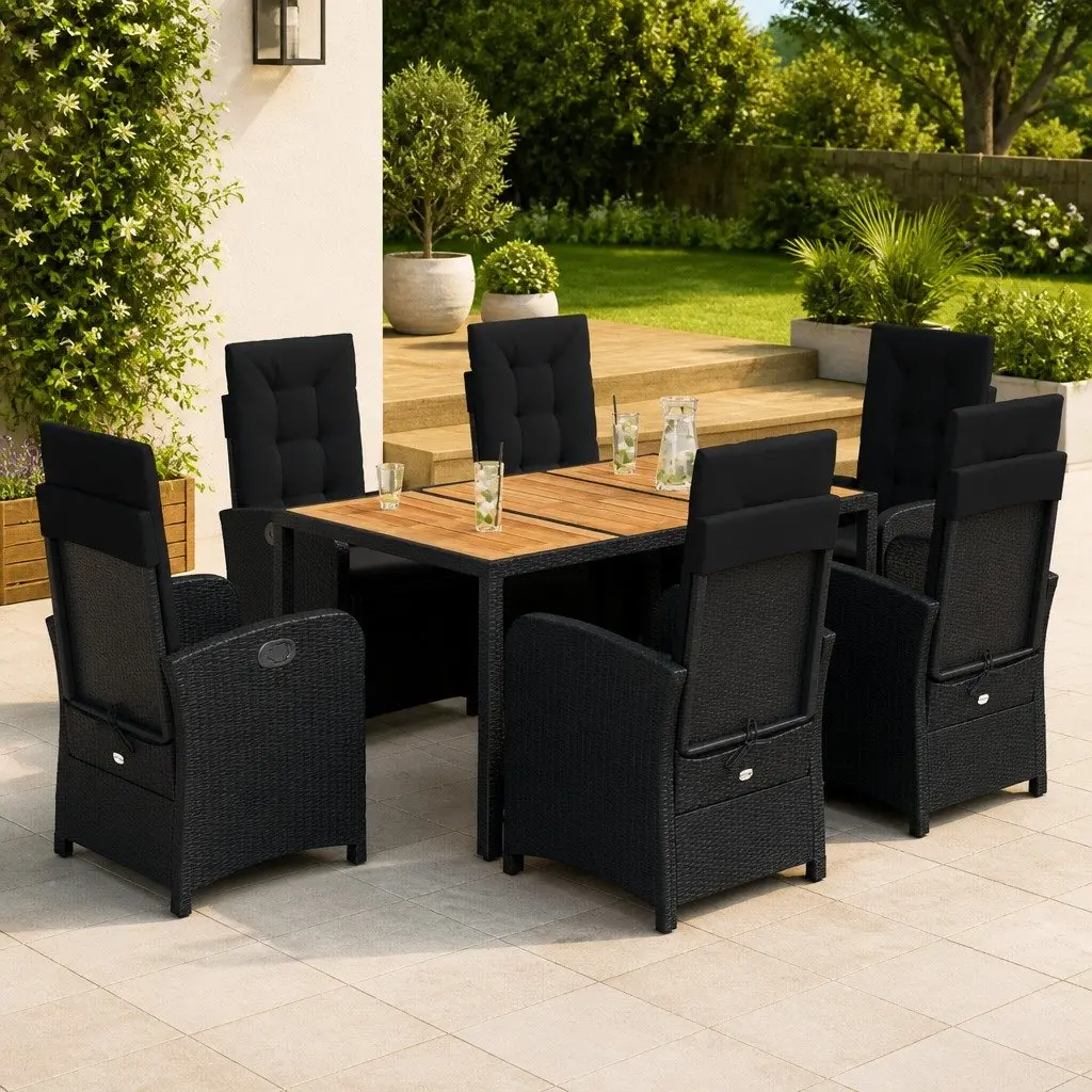 Outdoor Dining Furniture Set 7 Piece with Cushions Acacia Wood Table and Black Rattan for Garden Patio or Balcony