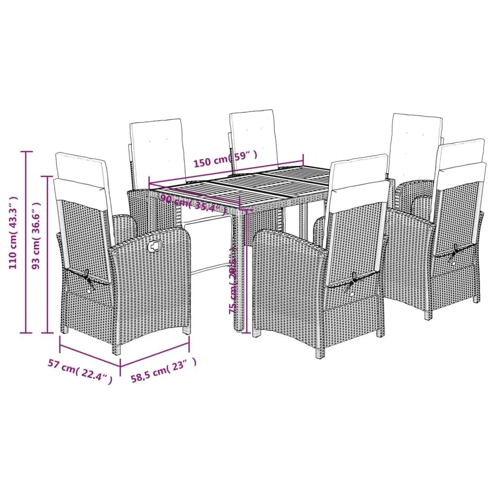 Outdoor Dining Furniture Set 7 Piece with Cushions Acacia Wood Table and Black Rattan for Garden Patio or Balcony