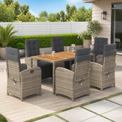 7-Piece Garden Dining Set: Grey Poly Rattan Details