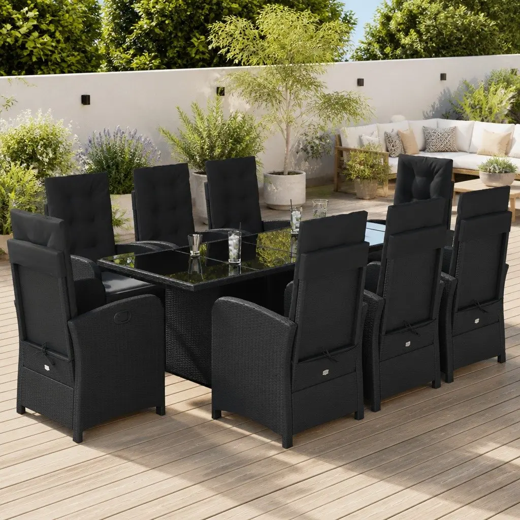 Garden Dining Set 9 Piece Outdoor Furniture Black Poly Rattan with Cushions
