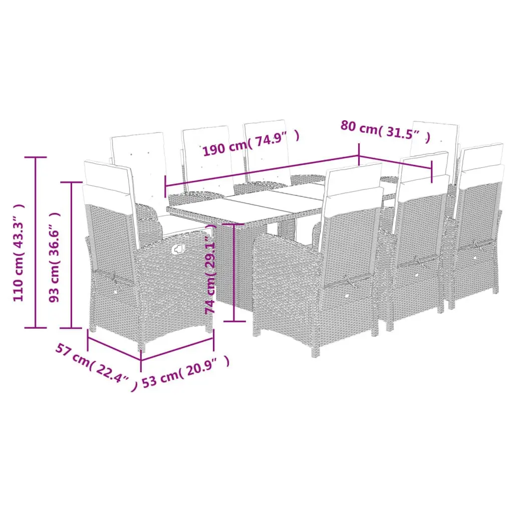 Garden Dining Set 9 Piece Outdoor Furniture Black Poly Rattan with Cushions