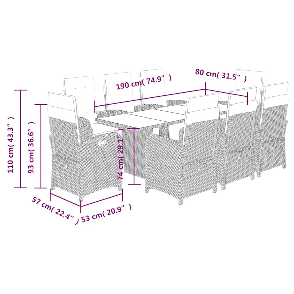 9 Piece Grey Dining Set with Cushions