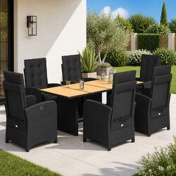 7 Piece Garden Dining Set Outdoor Furniture Black Poly Rattan Chairs Table