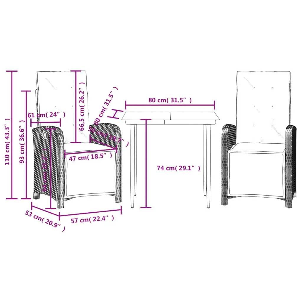 Outdoor Bistro Set 3 Piece Garden Furniture Chairs Table with Cushions Black