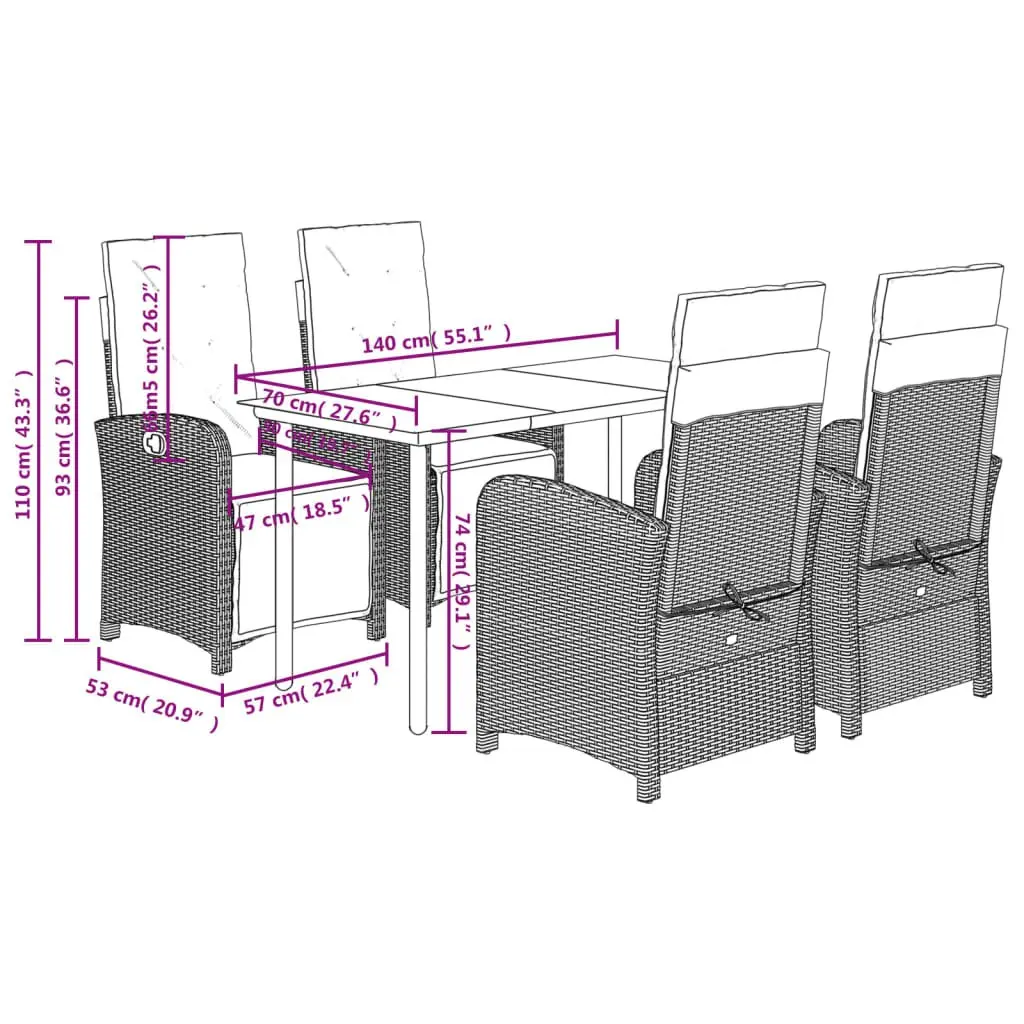 5 Piece Outdoor Dining Set for Garden Black Poly Rattan with Cushions