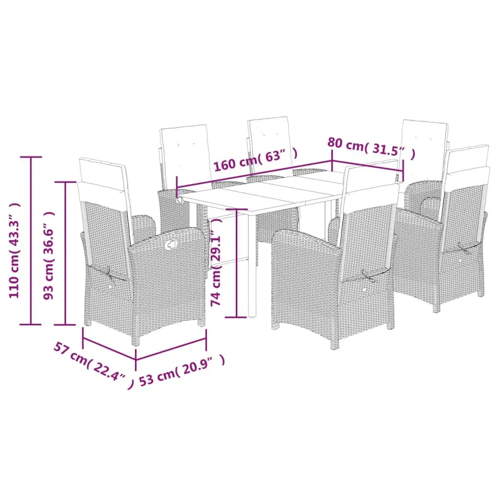7 Piece Garden Dining Set Outdoor Furniture Black Poly Rattan Cushioned Seating