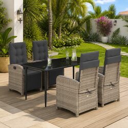 4 Chair Dining Set with Glass Top Table and Cushions for Outdoor Use