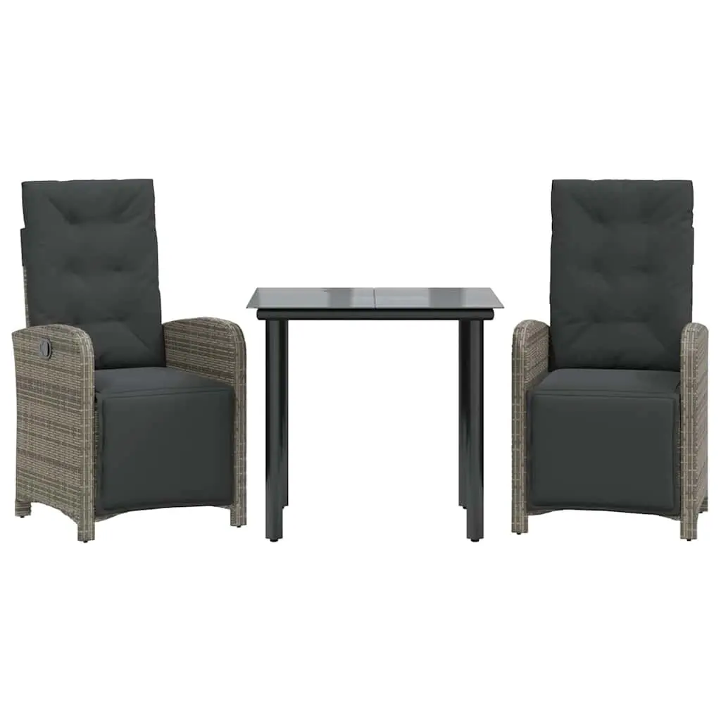 3 Piece Outdoor Bistro Set Garden Balcony Grey Poly Rattan Furniture with Cushions