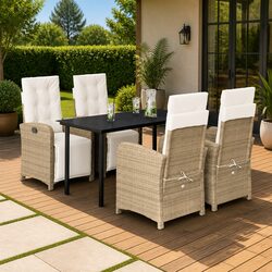 5-Piece Garden Dining Set: Beige Poly Rattan with Glass Top