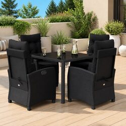 5 Piece Garden Dining Set: Rattan Frame, Glass Tabletop