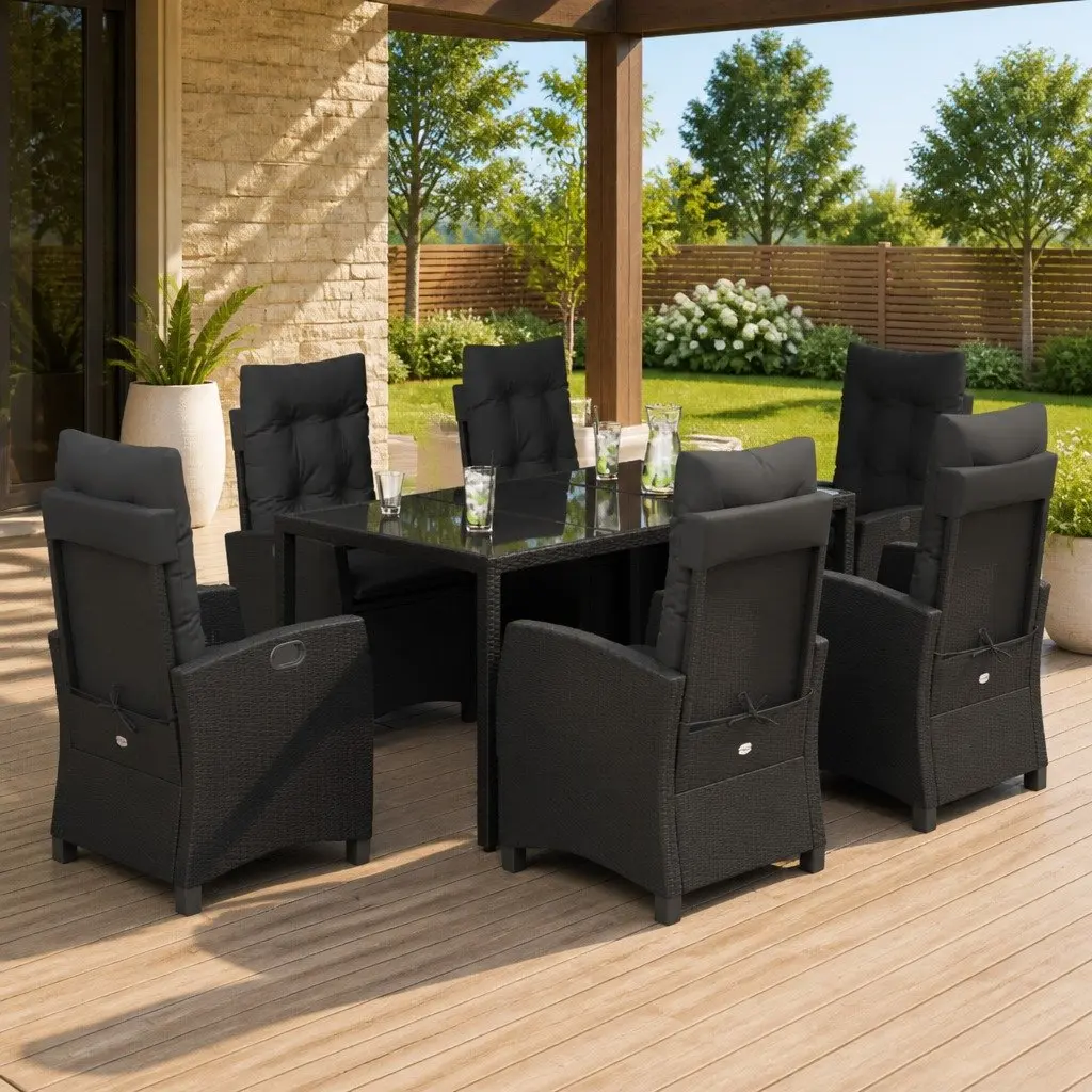 Garden Dining Set Outdoor Patio Furniture 7 Piece Black Poly Rattan Table Chairs