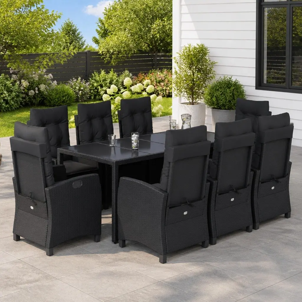 Garden Dining Set 9 Piece Outdoor Furniture Poly Rattan Table Chairs Cushions