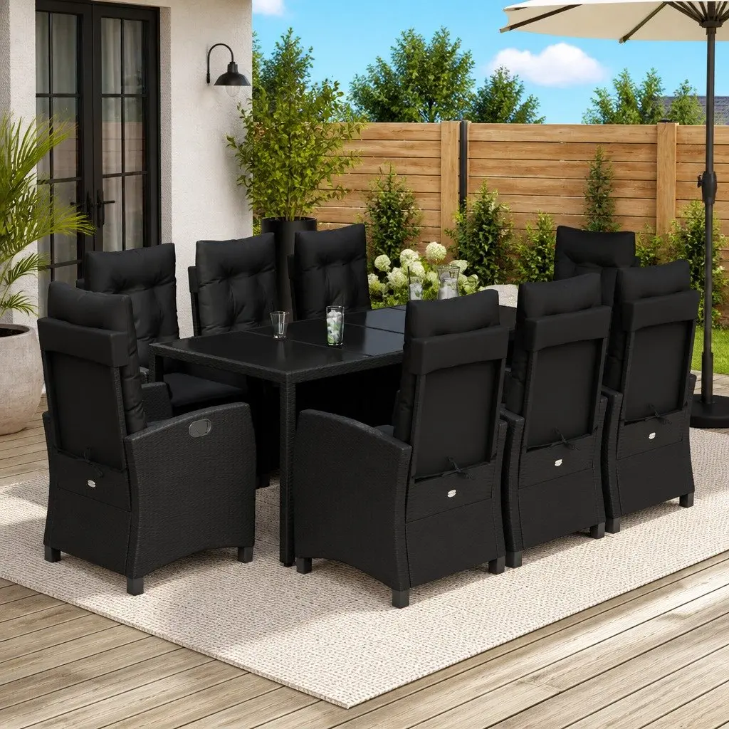 9 Piece Garden Dining Set Adjustable Backrest Chairs Table Outdoor Furniture Black Poly Rattan