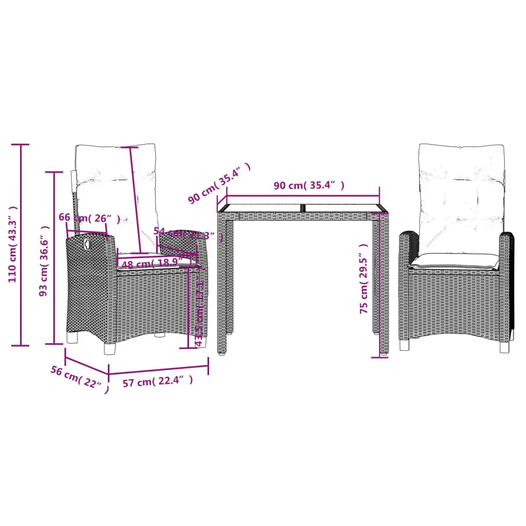 Outdoor Garden Dining Set 3 Piece Patio Furniture Black Poly Rattan Table Chairs