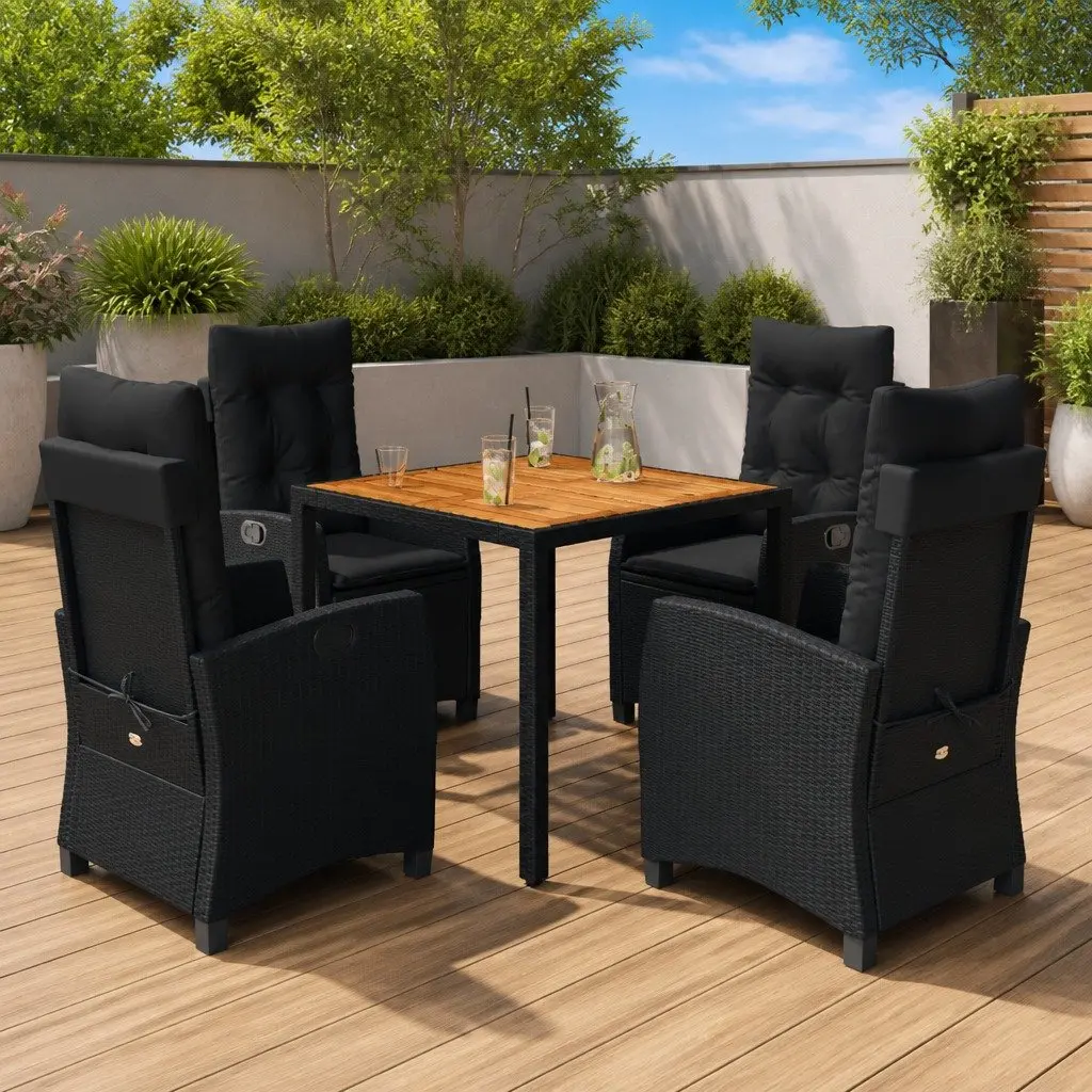 Outdoor Dining Set for Garden 5 Piece Black Poly Rattan with Cushions