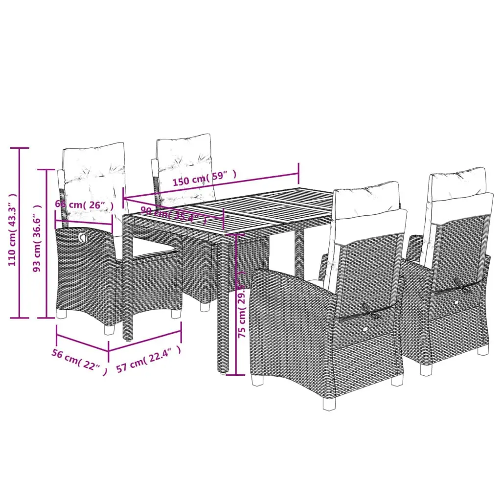 Outdoor Dining Set 5 Piece Garden Furniture PE Rattan Table Chairs Cushions