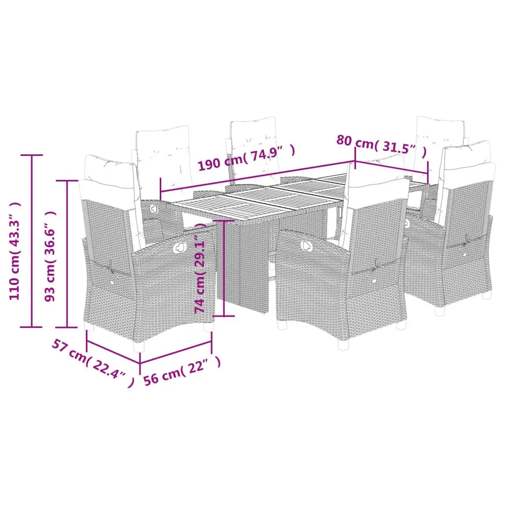 Garden Dining Set for Outdoor Use 7 Piece Black PE Rattan Chairs Table Cushions
