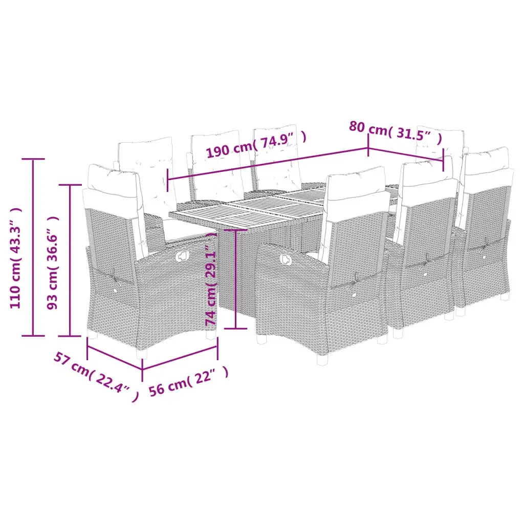 Outdoor Dining Set 9 Piece Garden Furniture Black Poly Rattan with Cushions