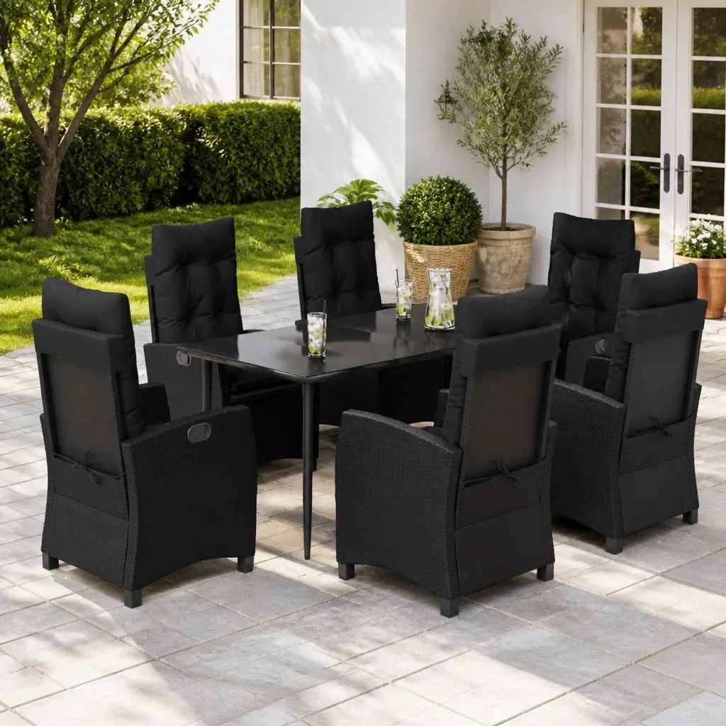 7 Piece Outdoor Garden Dining Set Black PE Rattan Chairs Table Cushions