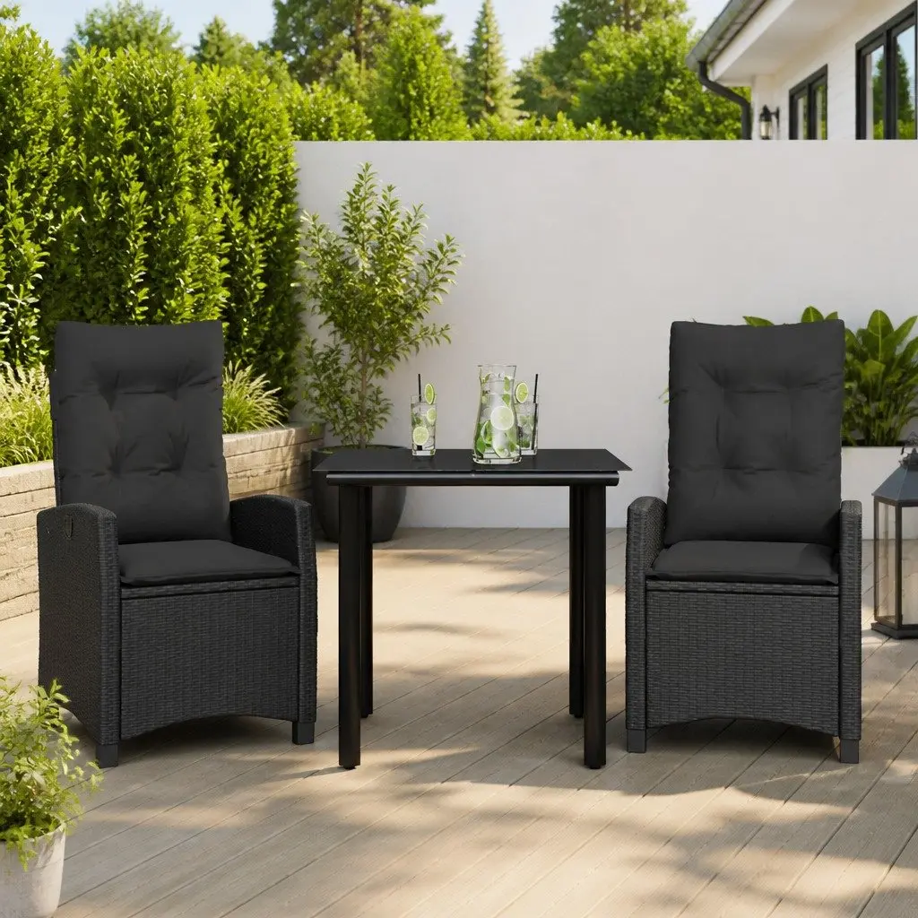 Garden Dining Set Outdoor Furniture 3 Piece Black Poly Rattan Adjustable