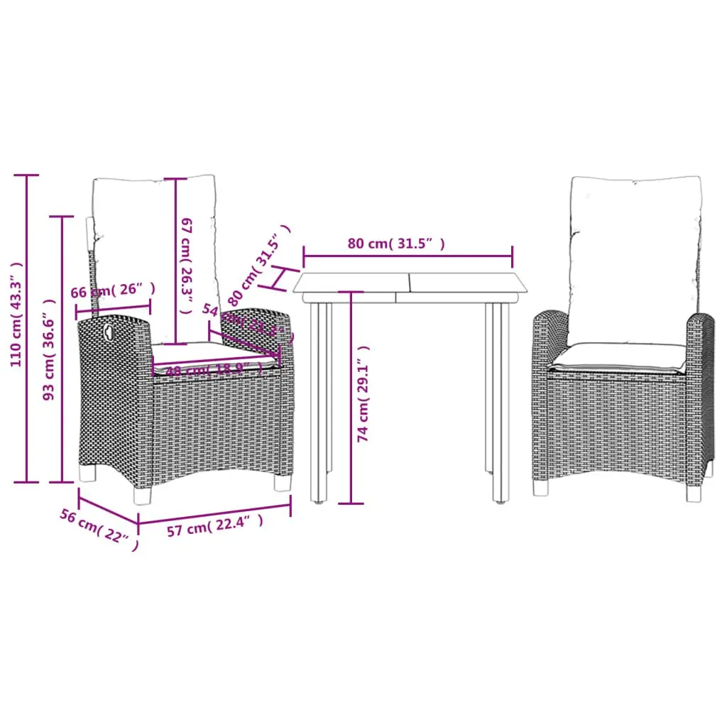 Garden Dining Set Outdoor Furniture 3 Piece Black Poly Rattan Adjustable