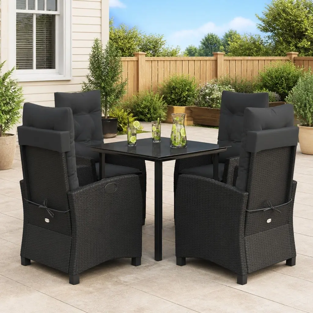 Outdoor Dining Set Garden 5 Piece Black Poly Rattan with Cushions