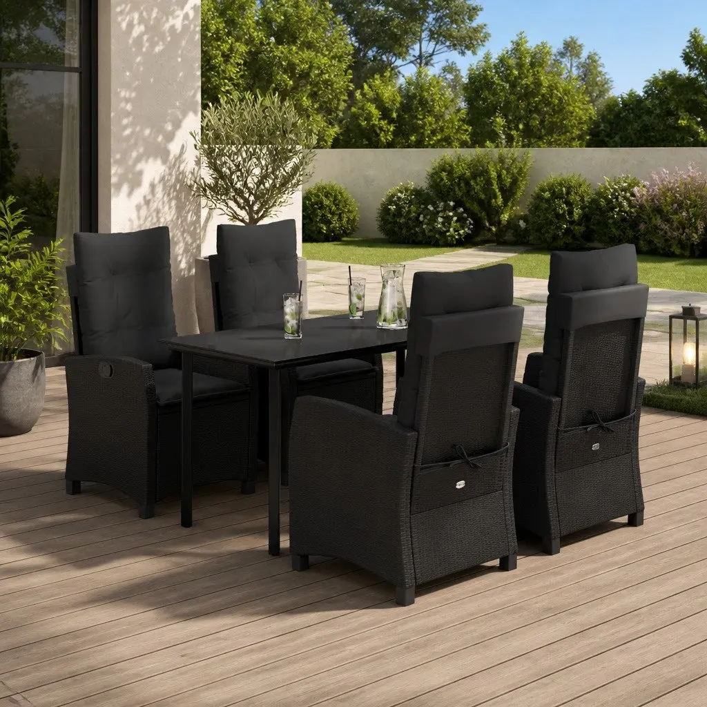 Outdoor Dining Set Garden 5 Piece Black Poly Rattan Chairs Table