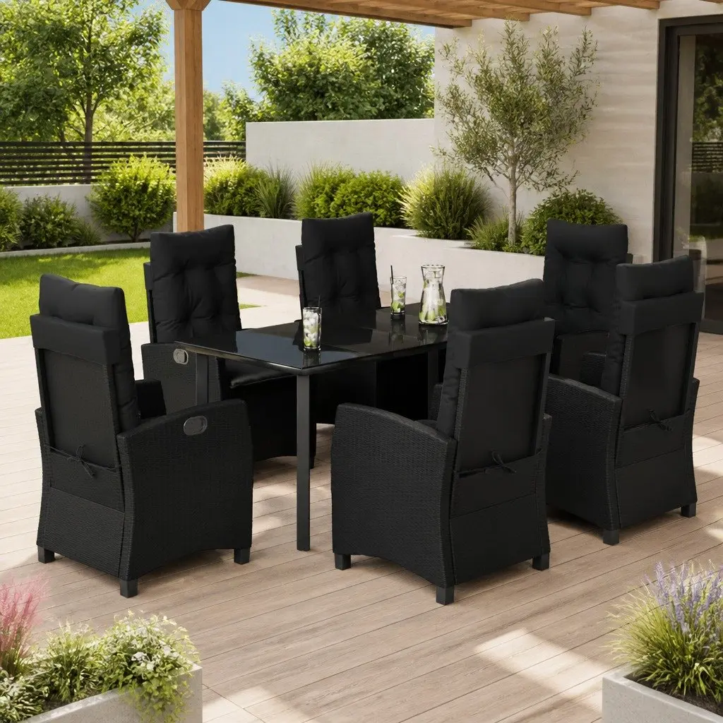 Garden Dining Set Outdoor Furniture 7 Piece Black Poly Rattan Table Chairs