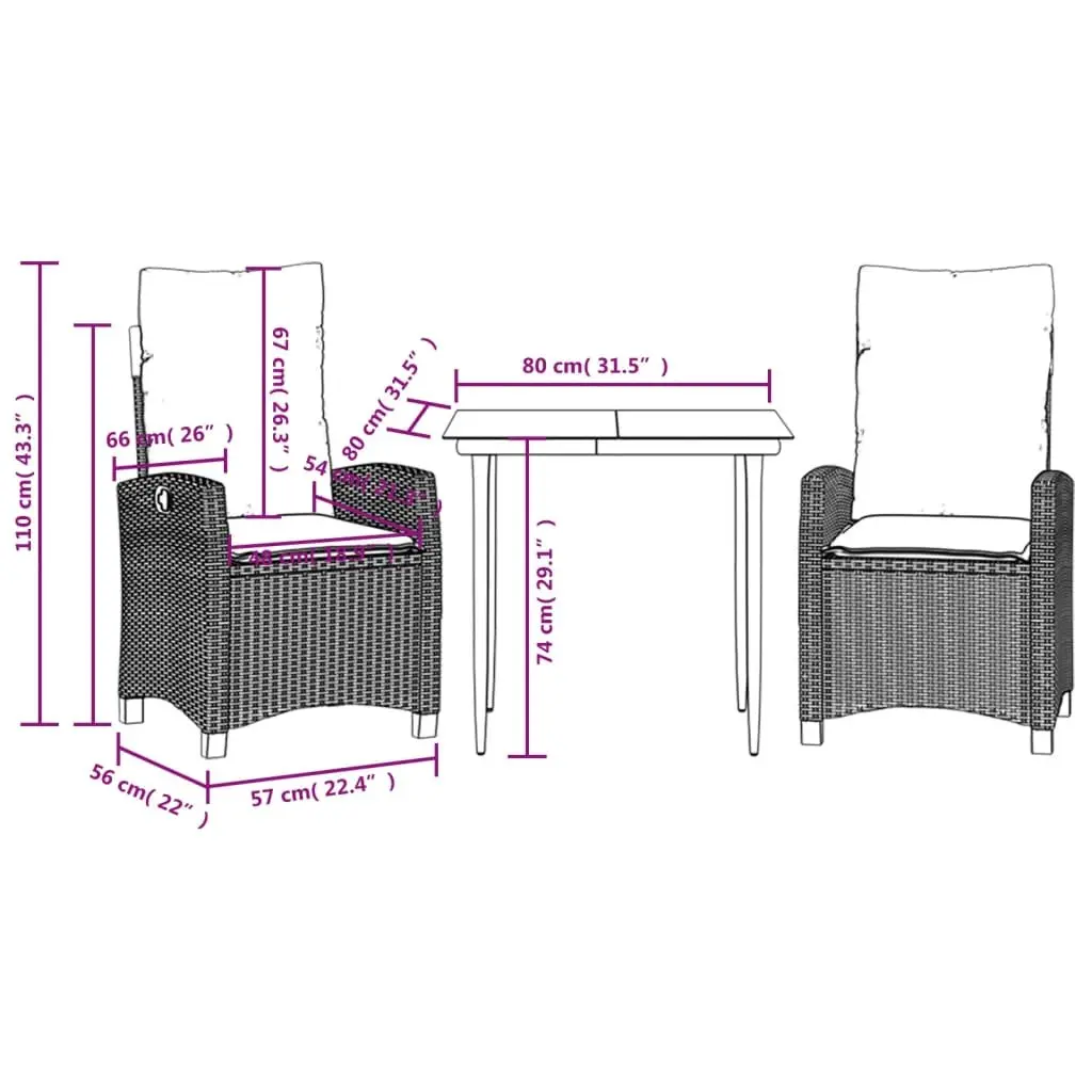 Garden Dining Set Outdoor Use 3 Piece Grey Poly Rattan with Cushions