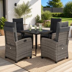 5 Piece Garden Dining Set: PE Rattan, Tempered Glass, Grey