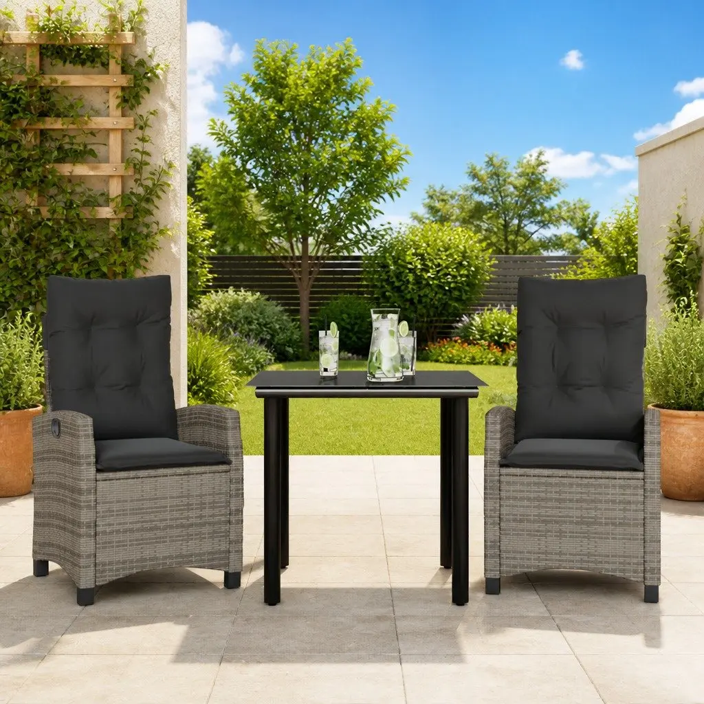 Outdoor Dining Set Garden Use 3 Piece Grey Poly Rattan Table Chairs