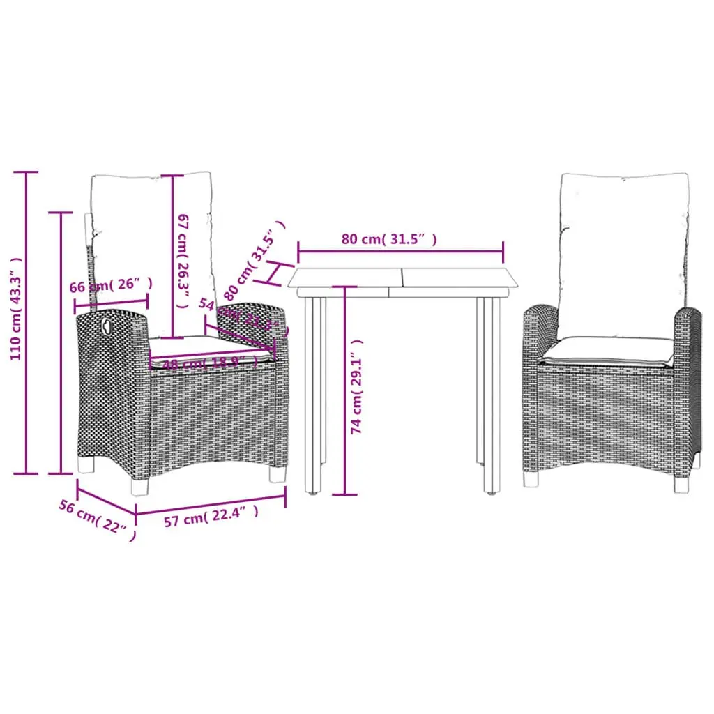 Outdoor Dining Set Garden Use 3 Piece Grey Poly Rattan Table Chairs