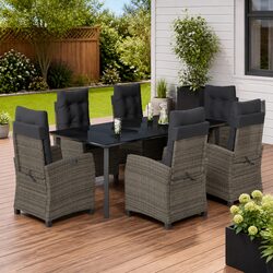 7 Piece Grey PE Rattan Dining Set with Tempered Glass